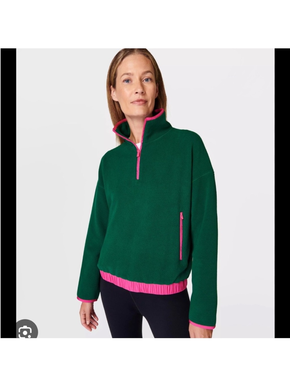 Sweaty Betty Green Half-Zip Pullover with Pink Trim US 4